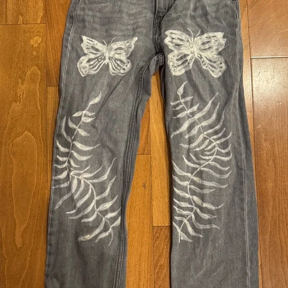 Custom Levi's Gray Straight Jeans with Butterfly Art 90’s Grunge Low Pro Straigh - Picture 2 of 5